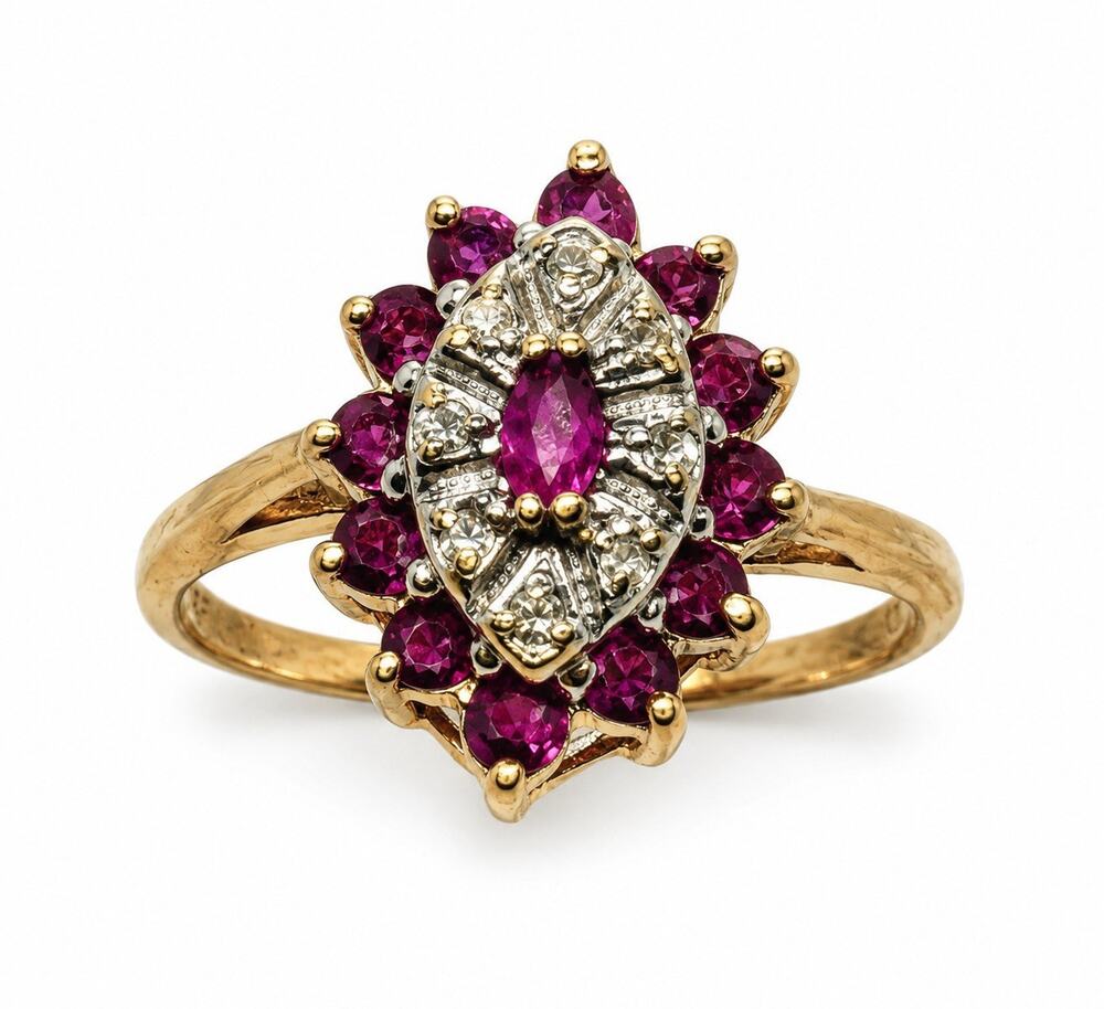 10K Yellow Gold Ruby & Diamond Cocktail Floral Style Ring Size 7.5